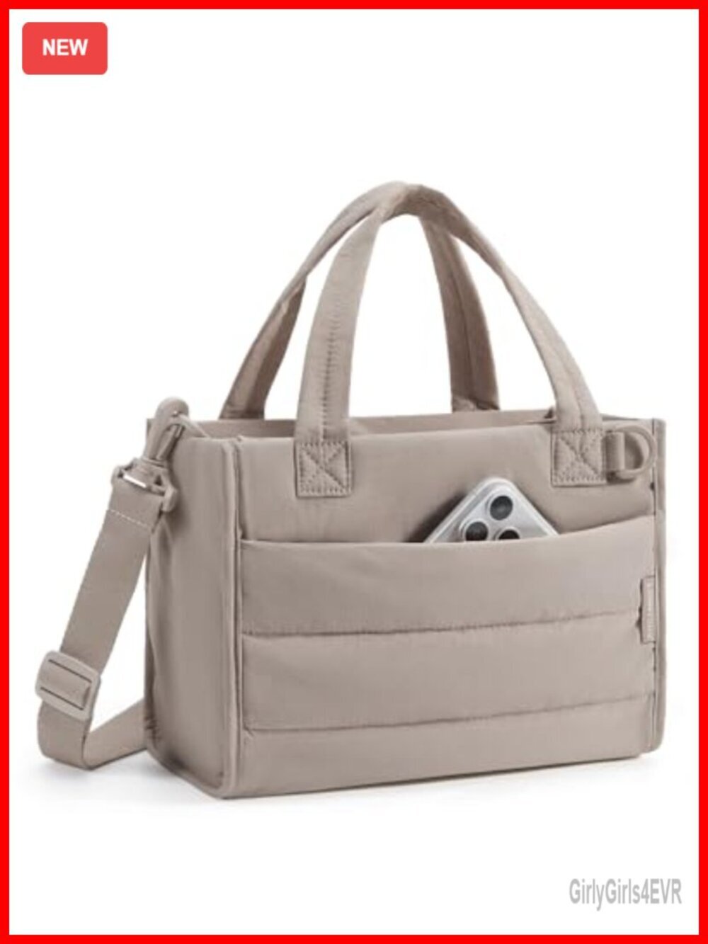 Quilted Puffer Tote Bag with Detachable Crossbody Strap, Zipper Closure,